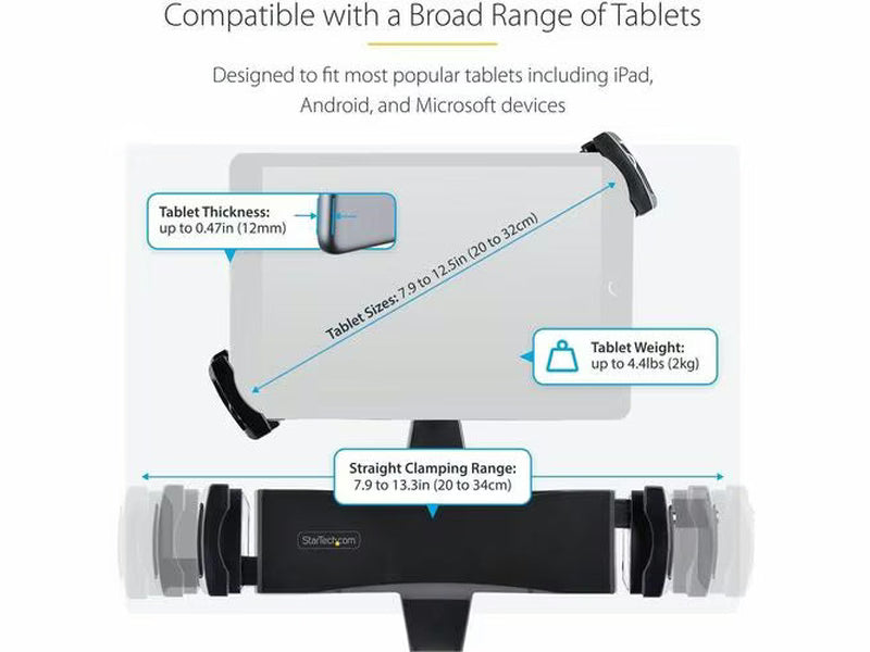 StarTech Mount Adapter for Tablets 7.9 to 12.5in, Up to 2kg /4.4lb, 75x75/100x100, Universal Anti-Theft Tablet VESA Mount Clamp