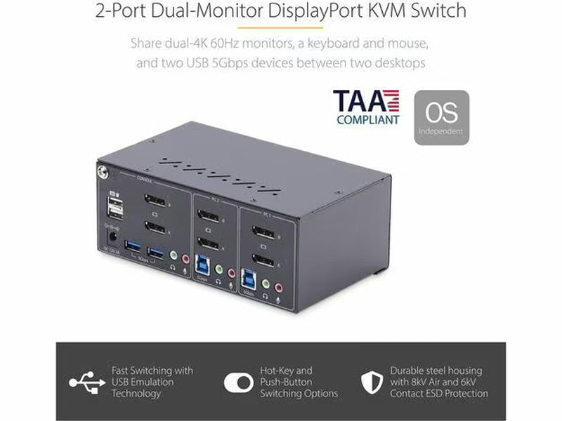 StarTech 2-Port Dual-Monitor DisplayPort KVM Switch, 4K 60Hz, 2x USB 5Gbps Hub Ports, 2x USB 2.0 HID Ports
