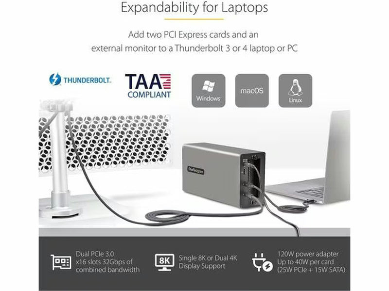 StarTech Thunderbolt 3 PCIe Expansion Chassis, External Enclosure W/Dual PCI Express Slots, PCIe Box for Laptops/Desktops, 8K/4K Output Via TB3/DP 1.4 Ports