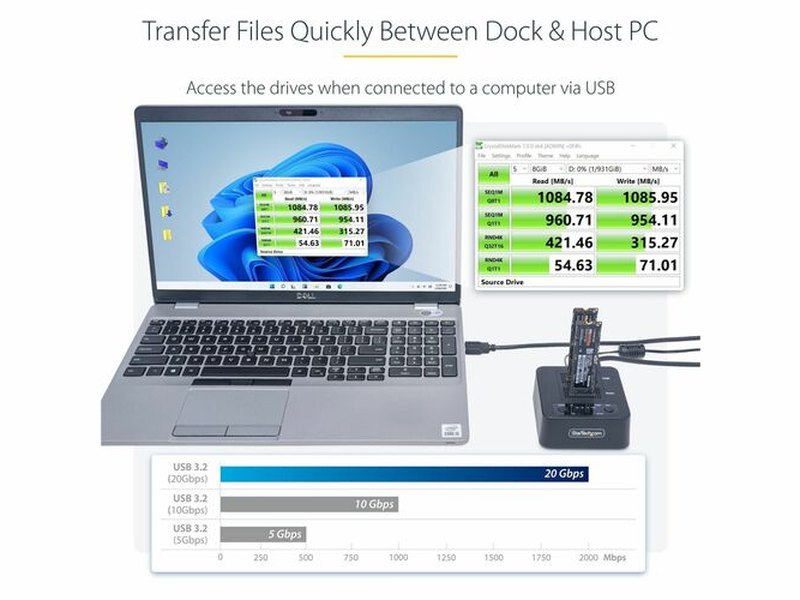 StarTech 1:1 M.2 NVMe Drive Duplicator, Standalone M.2 SSD Cloner/Copier up to 90GBpm, USB 3.2 20Gbps M.2 Dual-Bay Drive Dock