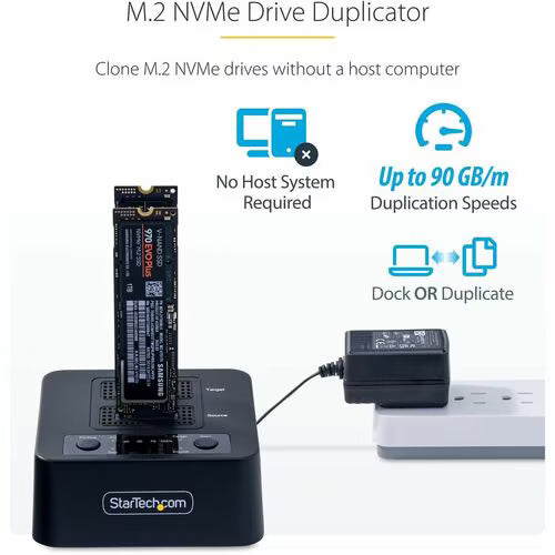 StarTech 1:1 M.2 NVMe Drive Duplicator, Standalone M.2 SSD Cloner/Copier up to 90GBpm, USB 3.2 20Gbps M.2 Dual-Bay Drive Dock