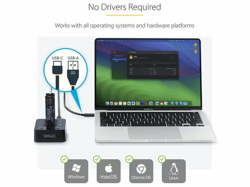 StarTech 1:1 M.2 NVMe Drive Duplicator, Standalone M.2 SSD Cloner/Copier up to 90GBpm, USB 3.2 20Gbps M.2 Dual-Bay Drive Dock