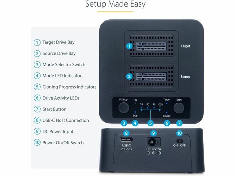 StarTech 1:1 M.2 NVMe Drive Duplicator, Standalone M.2 SSD Cloner/Copier up to 90GBpm, USB 3.2 20Gbps M.2 Dual-Bay Drive Dock