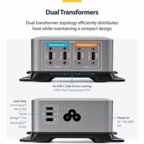 StarTech 4-Port Multi-Device USB-C Charger, 240W Total, Single Port 140W EPR