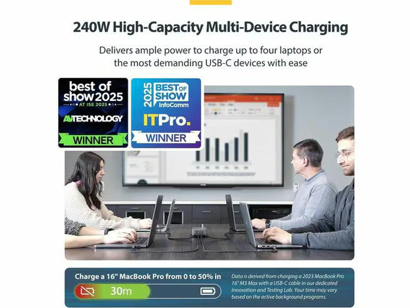 StarTech 4-Port Multi-Device USB-C Charger, 240W Total, Single Port 140W EPR