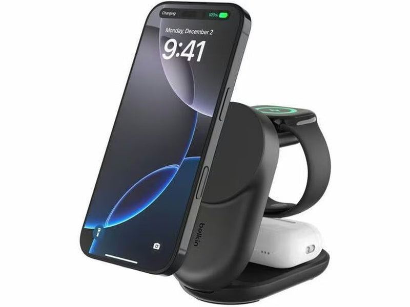 Belkin UltraCharge 3-in-1 Foldable Magnetic Charger w/ Qi2 25W +USB-C Wall Charger 45W +USB-C Cable 15M -Black WIZ037auBK , $2500CEW, 2YR