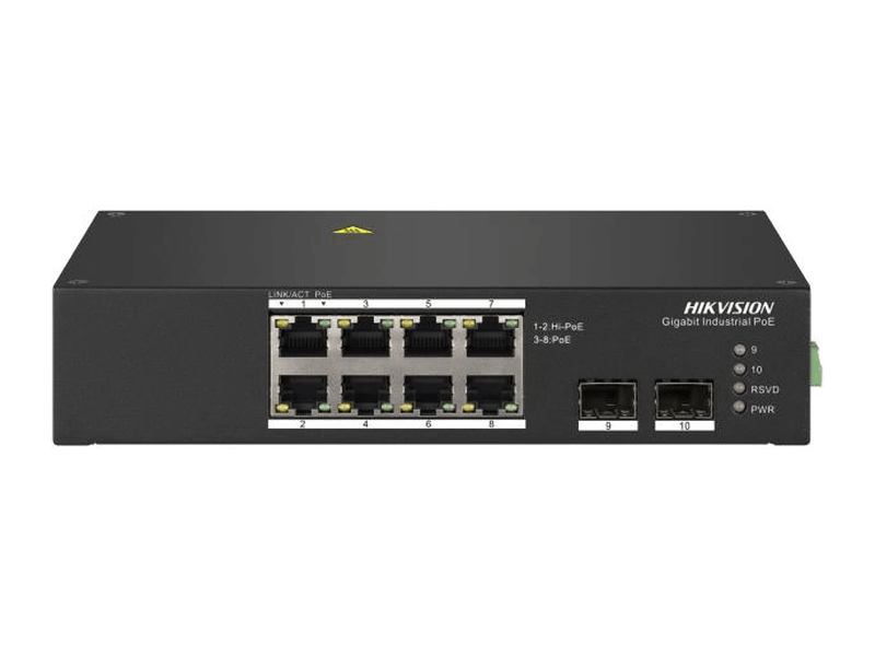 HIKVISION 8 Port Gigabit Unmanaged Industrial Hi-POE Switch, Up to 90 W Hi-PoE Output for Ports 1-2