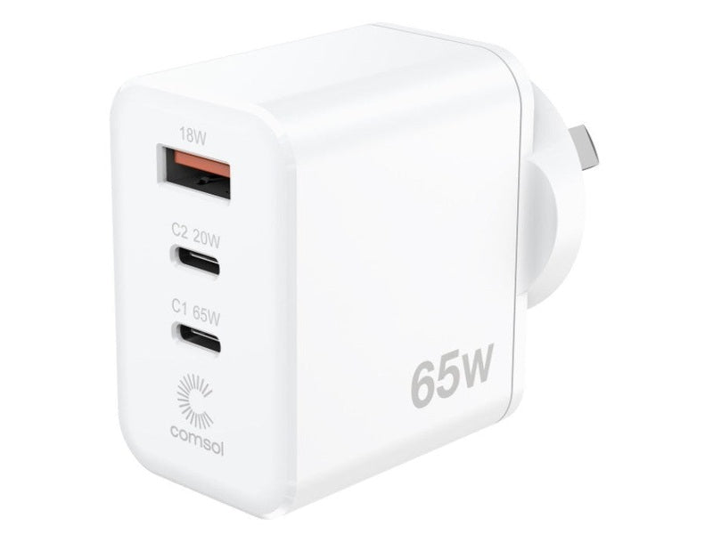 Comsol 65W GaN 3 Port Wall Charger, 2x USB-C + 1x USB-A, 2YR WTY- WCA653WH