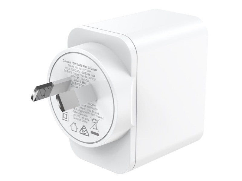 Comsol 65W GaN 3 Port Wall Charger, 2x USB-C + 1x USB-A, 2YR WTY- WCA653WH