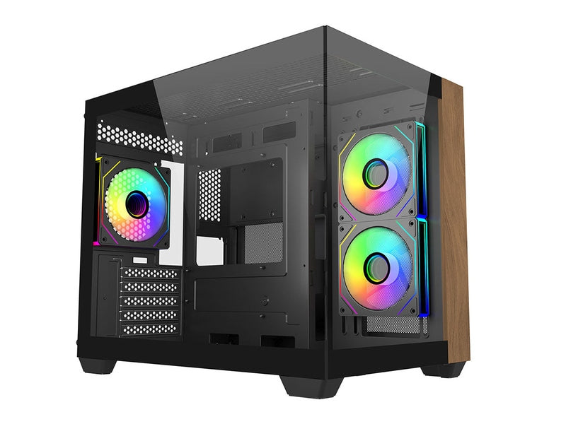 Cooler Master Elite 481 Wood, Dual-Chamber mATX Case with Natural Wood Design, Dual Tempered Glass Panels