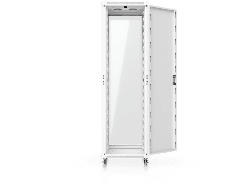 Ubiquiti 42U Rack Cabinet UACC-RACK-42U-800-G Fully assembled floor rack with built-in fans, removable panels, and lockable casters, engineered for optimal airflow, heavy-duty stability, and easy equipment access.