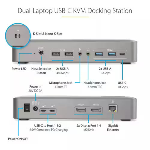 StarTech Dual-Laptop USB-C KVM Docking Station, 5-Port USB Hub, GbE, 90W/45W Power Delivery to Two Laptops