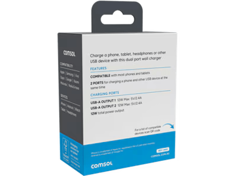 Comsol 12W Dual Port USB-A Wall Charger