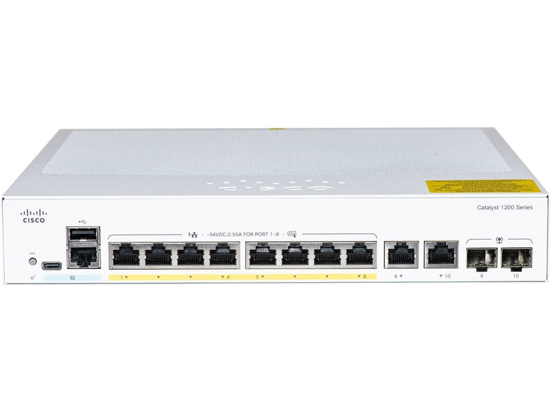Cisco Catalyst 1200, 8-Port Managed Switch with 8 Gigabit Ethernet PoE+ with 120W Power Budget and 2 Gigabit Copper/ SFP Combo Ports
