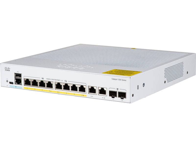 Cisco Catalyst 1200, 8-Port Managed Switch with 8 Gigabit Ethernet PoE+ with 120W Power Budget and 2 Gigabit Copper/ SFP Combo Ports