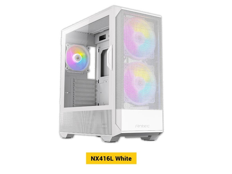 Antec NX416 Mesh White ATX. USB-C x1, USB 3.0 x. 2x ARGB 160mm + 1x ARGB 120mm Fans. LED & PWM Controller. SSD Storage, Cable Routing, Gaming Case