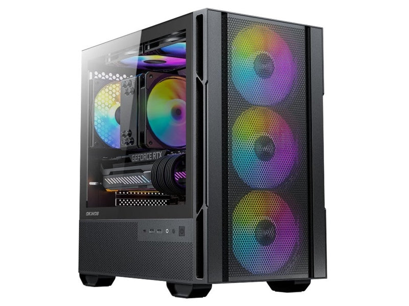 OKINOS Cypres 3 ARGB Micro ATX Case, 4 × 120mm ARGB Non-PWM Case Fans Pre-Installed, MATX PC Case, Temper Glass Side Panel, with Type-C, Black