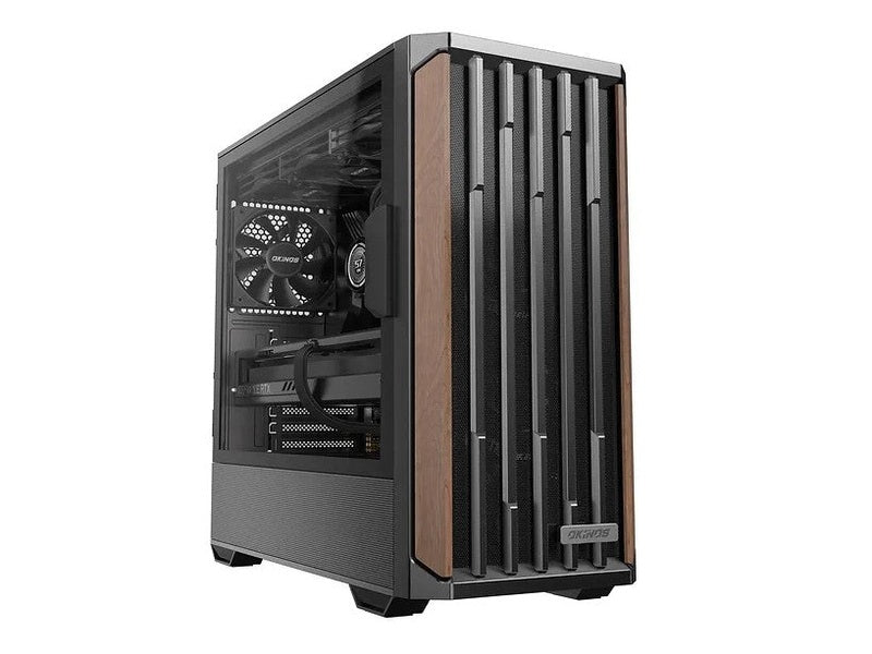 OKINOS Cypress P7 Genuine Walnut Wood Trim ATX, Type-C, Support 360mm Radiator on Top, 4 x 120mm PWM Fans, Black Stylish Premium Case