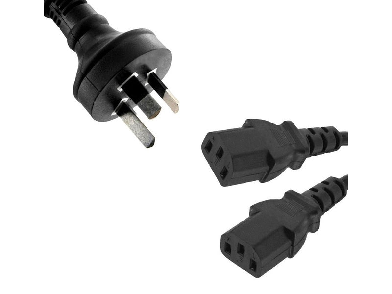 8ware 1m 10amp Y Split Power Cable with AU/NZ 3-pin Male Plug 2xIEC F C13 Socket & Cord for PC & Monitor to Wall Power Socket ~CBPOWERY