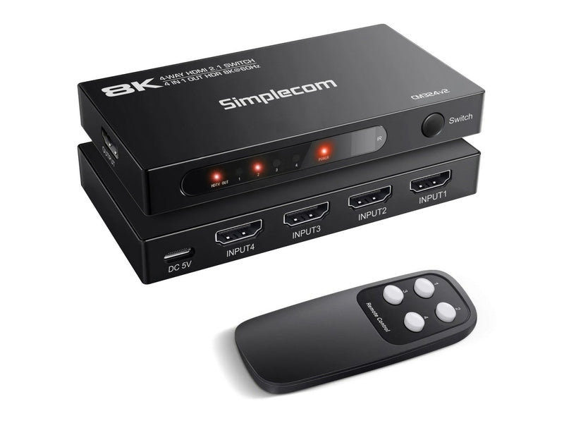 Simplecom CM324v2 4-Port HDMI 2.1 Switch 4 IN 1 OUT Splitter HDCP 2.3 8K@60Hz