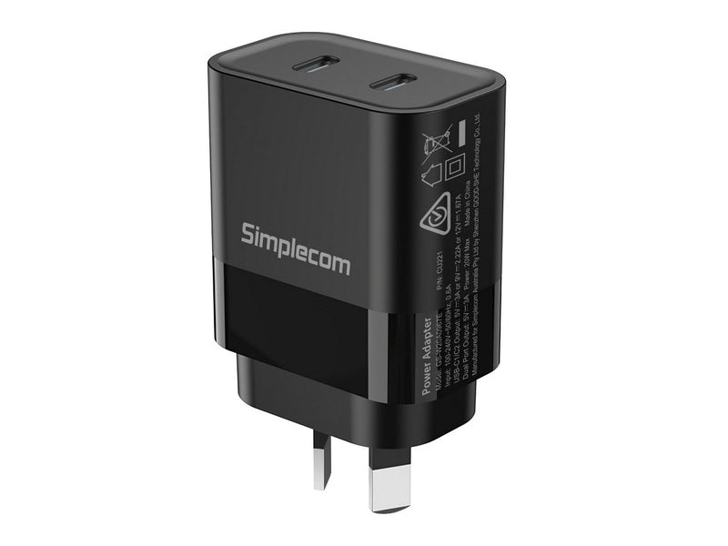 Simplecom CU221 Dual USB-C Fast Wall Charger PD 20W for Phone Tablet