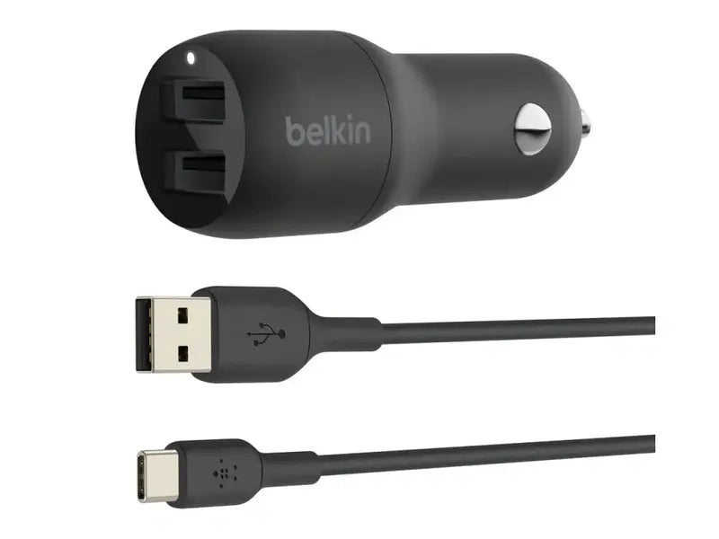 Belkin BoostCharge 24W Dual USB Car Charger + USB-C Cable Black