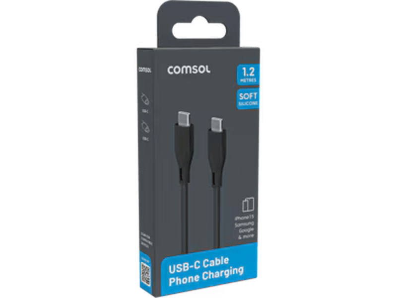 COMSOL 1.2M USB-C TO USB-C SUPER SOFT SILICONE CHARGE & SYNC CABLE, BLACK - CCSS12BK