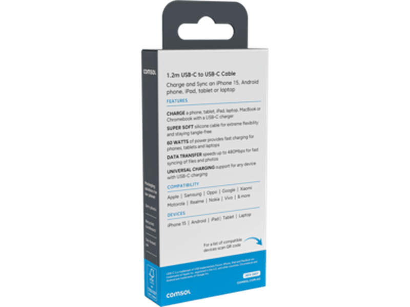 COMSOL 1.2M USB-C TO USB-C SUPER SOFT SILICONE CHARGE & SYNC CABLE, BLACK - CCSS12BK