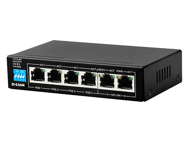 D-Link 6-Port Unmanaged PoE Switch with 4 PoE RJ45 and 2 Uplink RJ45 Ports