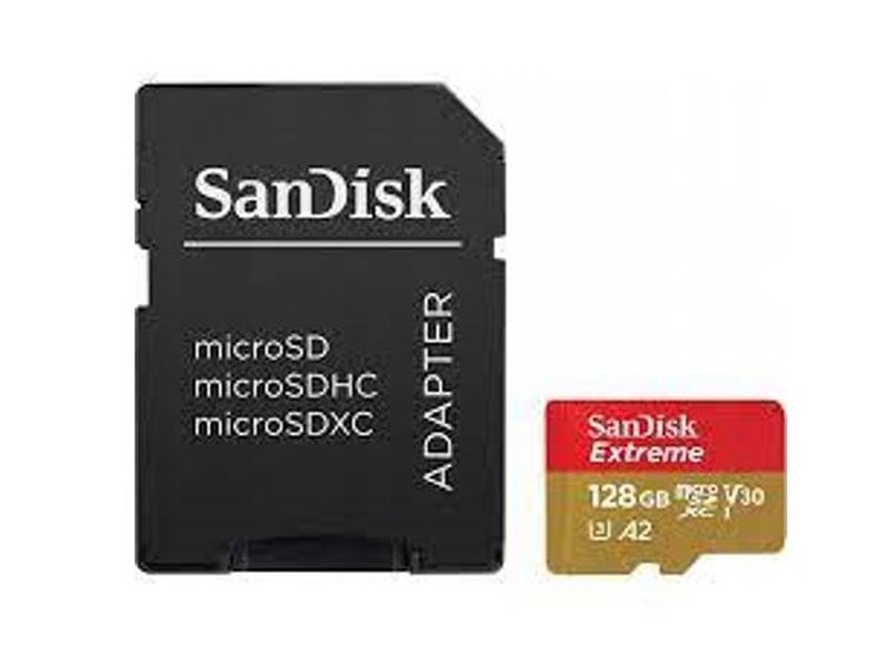 SanDisk Extreme microSDXC, SQXAA 128GB, V30, U3, C10, A2, UHS-I, 190MB/s R, 90MB/s W, 4x6, SD adaptor, Lifetime Limited, Action Cam
