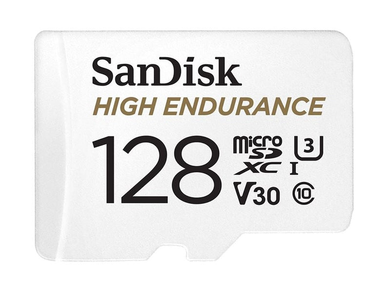 SanDisk High Endurance 128GB microSD 100MB/s 40MB/s 10K hrs 4K UHD C10 U3 V30 -40°C to 85°C Heat Freeze Shock Temperature Water X-ray Proof SD Adapter