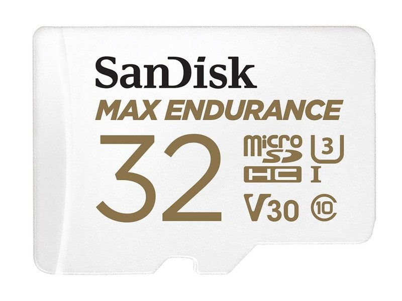 SanDisk Max Endurance 32GB microSD 100MB/s 40MB/s 20K hrs 4K UHD C10 U3 V30 -40°C to 85°C Heat Freeze Shock Temperature Water X-ray Proof SD Adapter