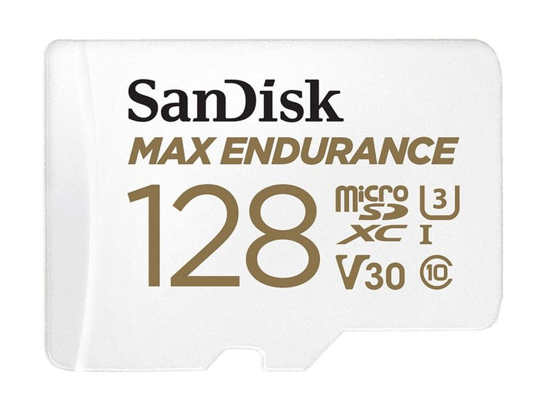SanDisk Max Endurance 128GB microSD 100MB/s 40MB/s 20K hrs 4K UHD C10 U3 V30 -40°C to 85°C Heat Freeze Shock Temperature Water X-ray Proof SD Adapter