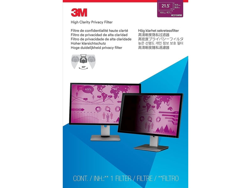 3M High Clarity Privacy Filter for 21.5" Monitor with Adhesive Strips and Slide Mounts, 16:9