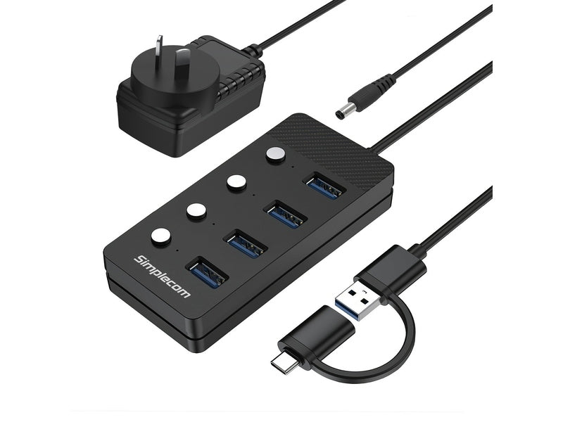 Simplecom CH345C SuperSpeed USB-A and USB-C to 4-Port USB 3.0 Hub 5Gbps Individual Switches and Power Adapter