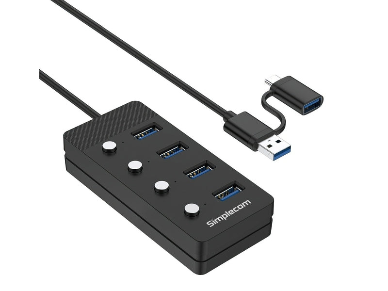 Simplecom CH345C SuperSpeed USB-A and USB-C to 4-Port USB 3.0 Hub 5Gbps Individual Switches and Power Adapter