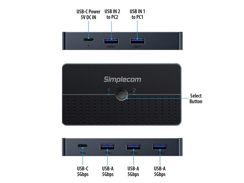 Simplecom KM320 2-Way SuperSpeed USB Switch 4-Port Hub with USB-C USB 3.0 5Gbps