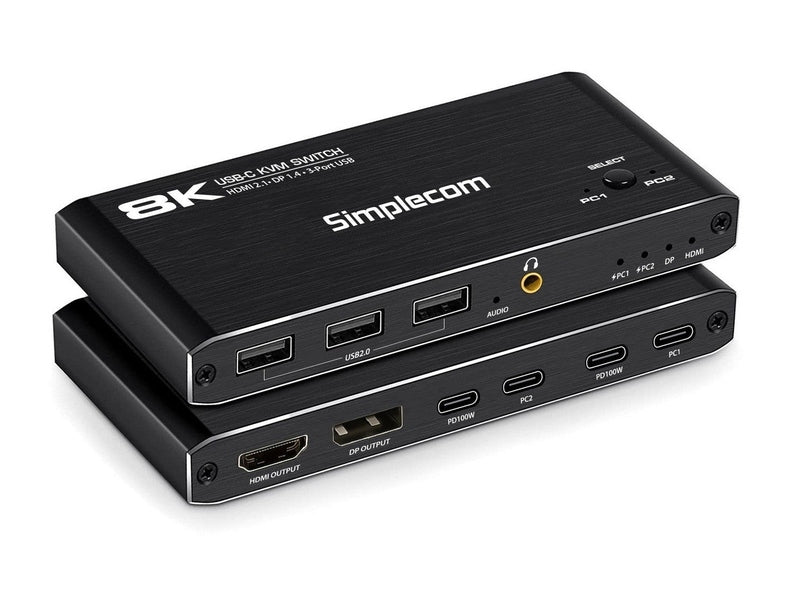 Simplecom KM470 2-Port USB-C KVM Switch 8K Docking Station HDMI 2.1 DP for Laptop Tablet