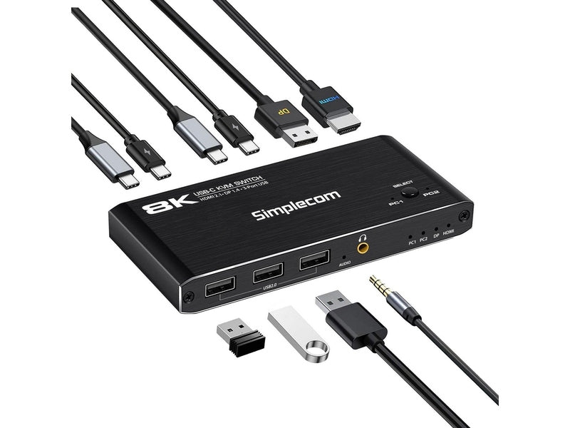 Simplecom KM470 2-Port USB-C KVM Switch 8K Docking Station HDMI 2.1 DP for Laptop Tablet