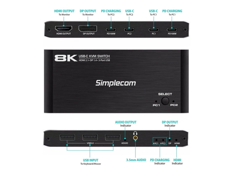 Simplecom KM470 2-Port USB-C KVM Switch 8K Docking Station HDMI 2.1 DP for Laptop Tablet