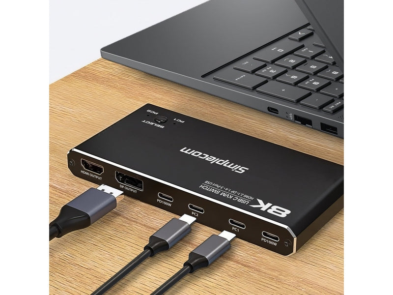 Simplecom KM470 2-Port USB-C KVM Switch 8K Docking Station HDMI 2.1 DP for Laptop Tablet