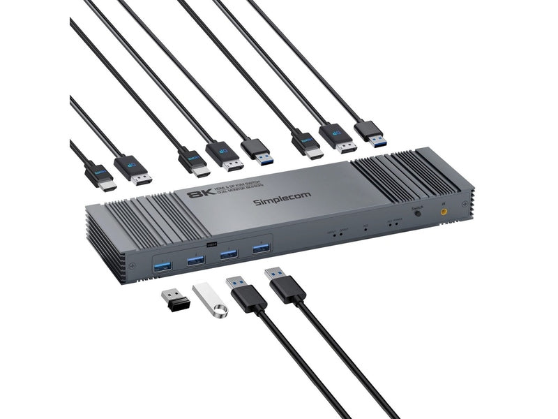 Simplecom KM490 HDMI and DisplayPort Dual Monitor KVM Switch for 2 Computers with 4-Port USB 3.0 Hub 5Gbps 8K@60Hz