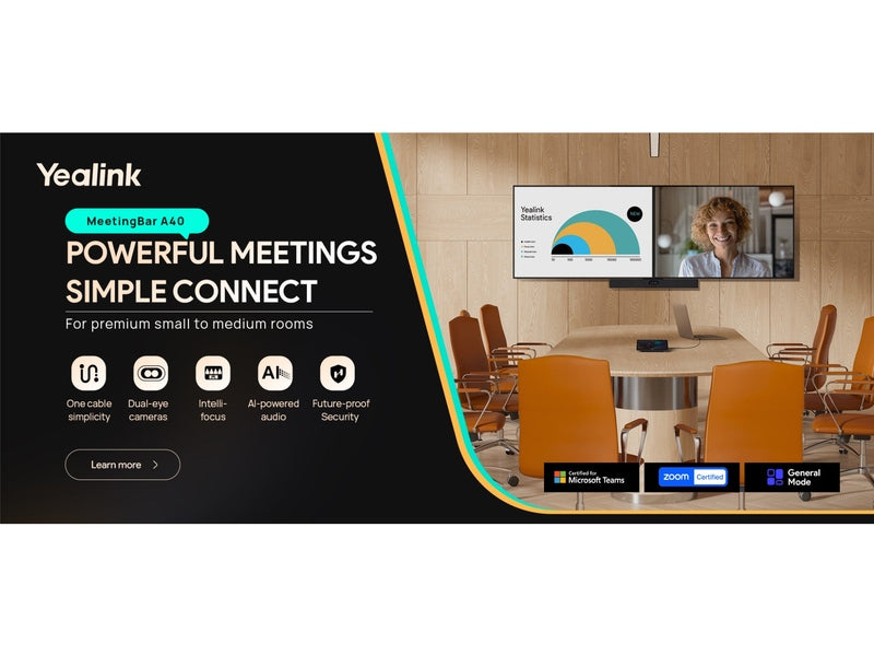 Yealink MeetingBar A40 Microsoft Teams and Zoom Rooms on Android, For Small toMedium Room, 10-15 people,Two 4K Cameras, Auto Framing, Speaker Tracking