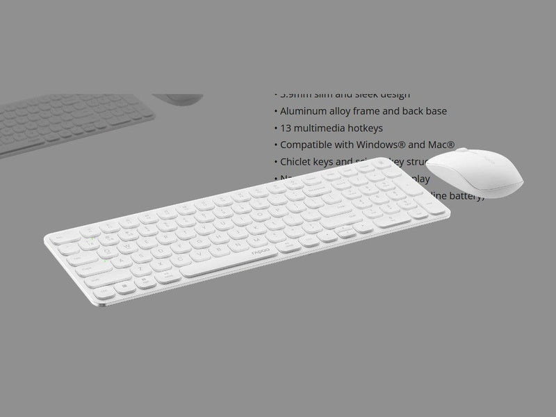 RAPOO 9320M Bluetooth 4.0, 5.0 + 2.4G Wireless Multi-mode Keyboard Mouse Combo, Aluminum Base, 2400 DPI, 10M Range, Compact White Retail Pack