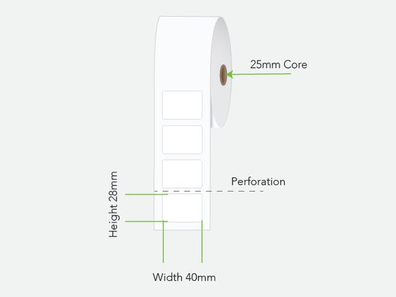 Calibor White Direct Thermal Permanent Adhesive 40mm X 28mm - Minimum order 6 rolls