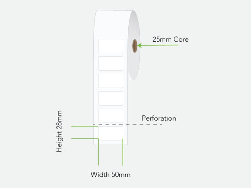 LA5028TP1AC25MM Calibor 50mm X 28mm 2000/R Thermal Direct Perm Adhesive - Minimum order 6 rolls