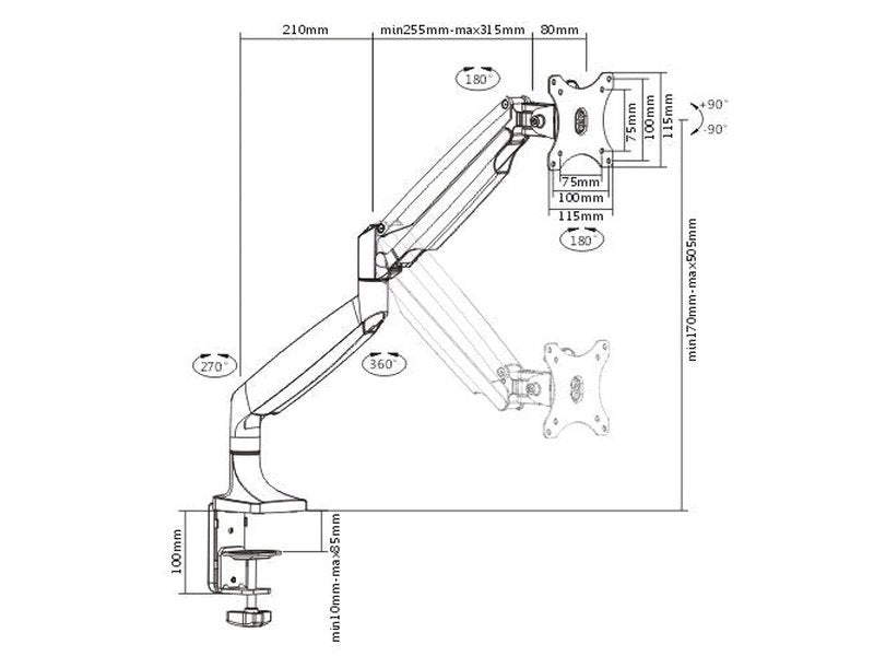 Brateck Single Monitor Interactive Counterbalance Single Monitor Arm Fit Most 13’’-32’’Monitor Up to 9kg per screen VESA 75x75/100x100