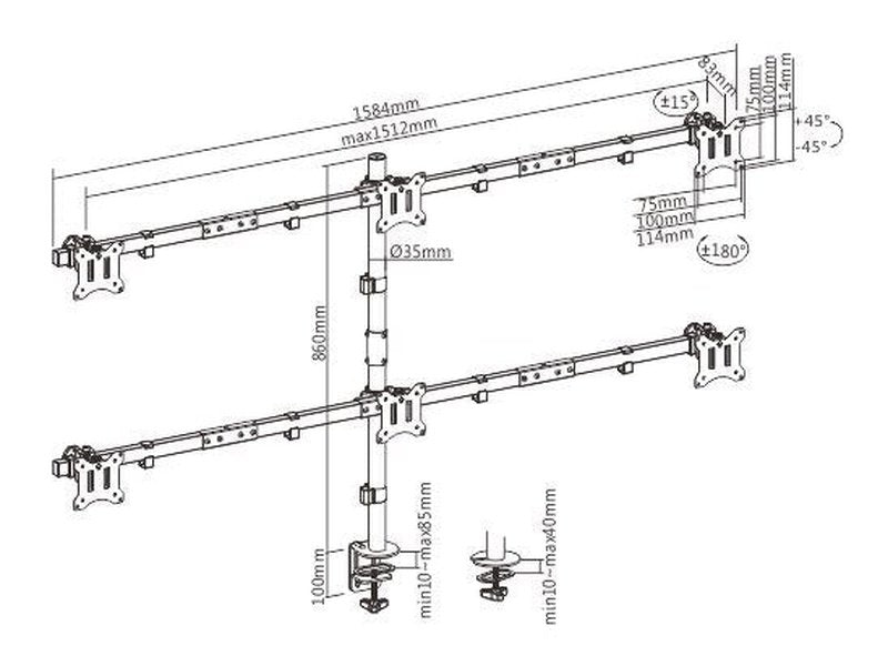 Brateck Pole Mount Six-Screen Monitor Mount Fit Most 17"-32" Monitors, Up to 7kg per screen VESA 75x75/100x100