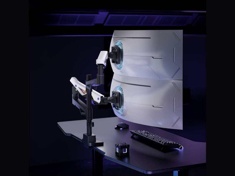 Brateck LDT95-C024UCP Atlas Neo Gaming Pole-Mounted Dual Monitor Arm with USB-A & USB-C Ports For most 24"~57" Monitors, Matte Black & White New