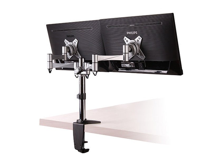 Brateck Dual Monitor Elegant Aluminium w/Arm&Desk Clamp Silver Fit most 13"- 27" Monitor VESA 75x75/100x100